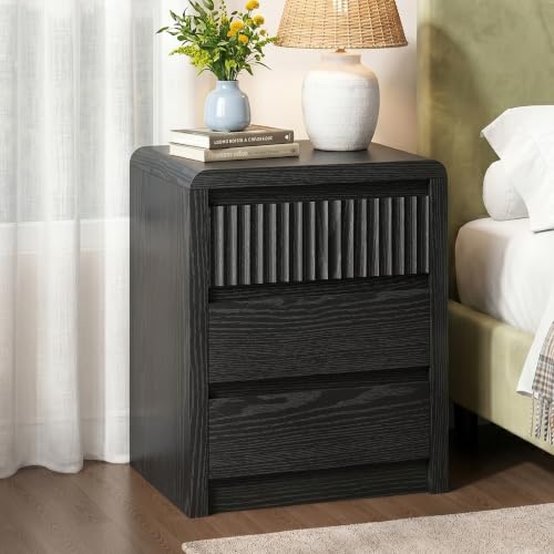 LYNSOM Fluted Nightstand Set of 2, Wood End Table with 3 Drawer, Black | Mid Century Modern Night Stand with Stoarge, Bedside Table with Curved Profile Design for Living Room, Office, 20" W - color: Black, size: 3 Drawers