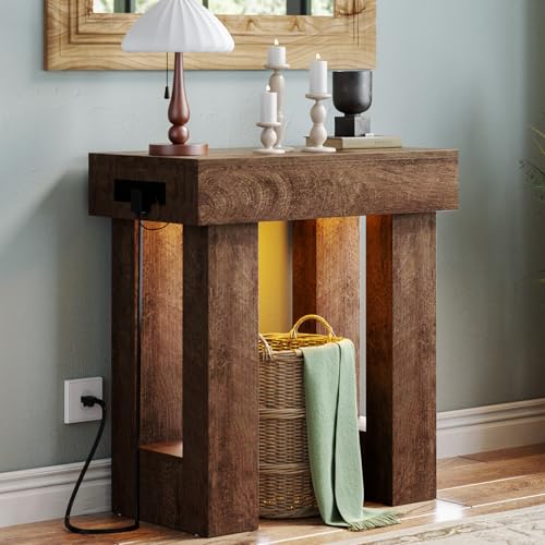 Unikito 32" Entry Table with Sensor Light and Power Outlets, Rustic Oak | Narrow Wooden Foyer Table with Open Storage, Modern Farmhouse Console Table, Versatile for Entrance/Hallway/Living Room - color: Rustic Oak, size: 32IN