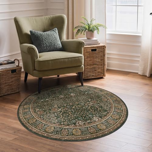 3ft Round Area Rug 3x3, Washable Non Slip, Dark Green Brown | Vintage Floral, Spill Resistant, Lightweight Low Pile Non-Shedding Carpet for Bedroom, Nursery and Kitchen - color: Dark Green Brown, size: 3' (Round)