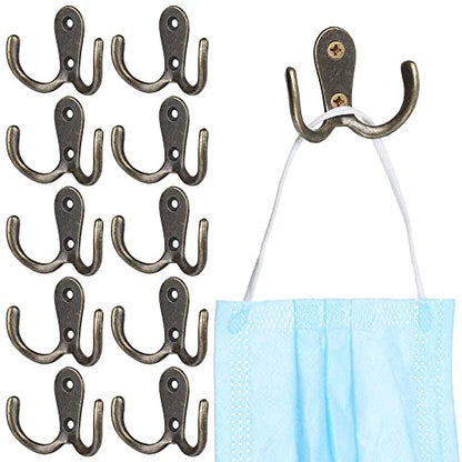 HomeSoGood 10pcs Metal Antique Hooks Double Prong Wall Door Coat Hanger Retro Key Holder Hat Bag Clothes Towel Organizer Shelf Storage(2.16inch,Bronze Tone)
