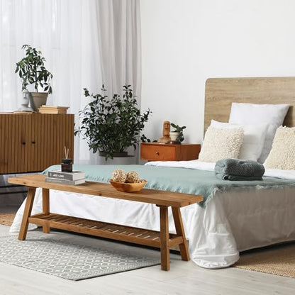 Reclaimed Solid Wood Bench-55 Entryway Bench with Storage Shelf | Farmhouse Narrow Rustic Bench, Hallway, Kitchen, Bedroom, Dining, Indoor - size: 55"