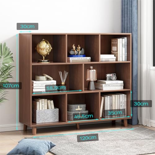 IOTXY Open Cube Low Bookcase - 3-Tier Freestanding Storage Display Cabinet Organizer with Legs for Home Office, 8-Cubes Open Shelf Short Bookshelf, Walnut - color: Walnut, size: 3-Tier 8-Cubes