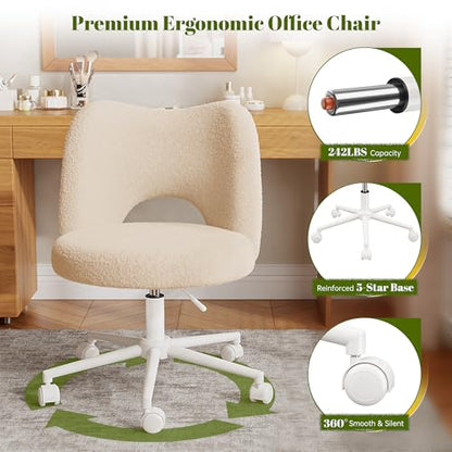 DurayLoly Vanity Chair with Open-Back & 360° Swivel | Cute Desk Chair, Silent Caster , Soft Teddy Fleece, Height Adjustable,Off-White - color: Off-white