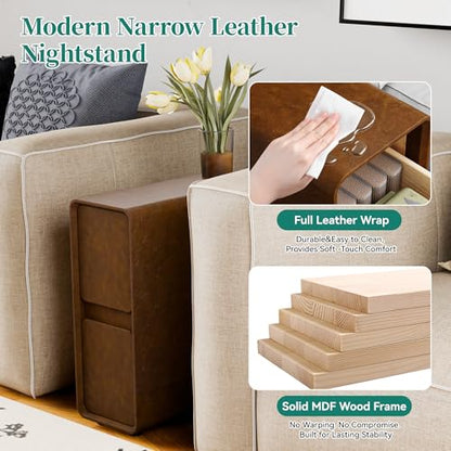 7.8" W Faux Leather Narrow Nightstand, Modern Fully-Assembled Bedside Table with 2 Drawers, Wood Night Stand Small Accent End Table & Side Table for Bedroom, Brown - color: Brown, size: 8in