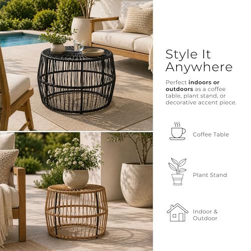 Furniture of America Ysar Boho Rattan Round Coffee Table Outdoor with Metal Frame, All-Weather and Rust Resistant, Handcrafted Coastal Furniture for Patio, Poolside, Garden, Yard, Black - color: Black/18.9 In.