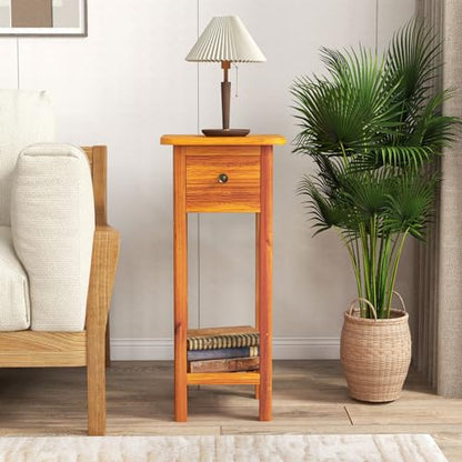 Narrow Side Table, Tall Nightstand with Drawer and Shelf, Small Bedside Tale for Small Space, Living Room End Tables, No Assembly (1, Brown) - color: Brown