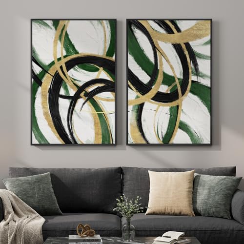 Framed Green Abstract Wall Art Set of 2 for Living Room, Large Green Gold and Black Canvas Artwork for Walls, Modern Luxury Painting Print for Bedroom Dining Room Office Hallway Wall Decor, 24x36 Inch - color: Green Black Gold, size: 24" W x 36" H x 2Pcs