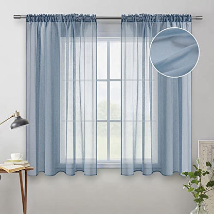 MIULEE Dusty Blue Linen Textured Semi-Sheer Curtains 42W×45L Kitchen | Semi Transparent, Farmhouse, Window Net Panels with Rod Pocket for Bedroom Living Room - color: Dusty Blue, size: 42"W x 45"L (Pack of 2)