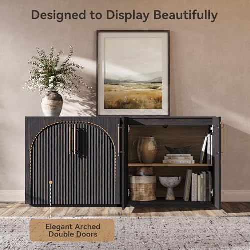 Sideboard Buffet Cabinet with Storage,Credenza with Fluted Doors - color: Dark Walnut-fluted Doors