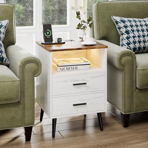 Lareth Farmhouse LED Nightstand with Charging Station, Antique White | 17.7" W x 15.7" D Wooden Night Stand, 2 Drawers, Smart Bedside Table, For Dorm, Apartment, Small Space - color: Antique White
