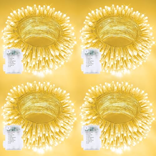 4 Pack 400 LED Battery Operated String Lights, 8 Modes Twinkle Fairy Lights | 132FT Warm White Christmas Lights Indoor Outdoor, Waterproof Battery Lights for Bedroom Party Porch Tree Holiday Decorations - color: Warm White, size: 4PK(100LED)