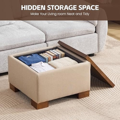 WUTUTUEE 24" Square Ottoman Coffee Table with Storage, Fabric Ottomans with Tray and Solid Wood Legs for Living Room, Bedroom and Apartments, Small Modern Ottoman Tea Table with Lift-Off Lid, Khaki - color: 24'' Khaki Fabric