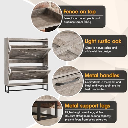 Maupvit Shoe Storage Cabinet with 2 Flip Drawers, Freestanding Organizer with Metal Legs for Entryway, Narrow Shoe Rack Cabinet, Light Rustic Oak - color: Light Rustic Oak, style: 2-Drawers
