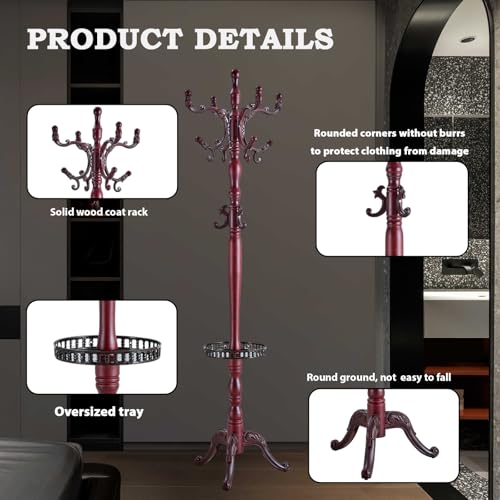 Coat Racks FreeStanding with 14 Hooks, Natural Wood Coat Rack with Solid Round Base, Adjustable Height Coat Racks, Easy Assembly for Hallway, Bedroom and Office (Reddish brown-Tray) - color: Reddish brown-Tray