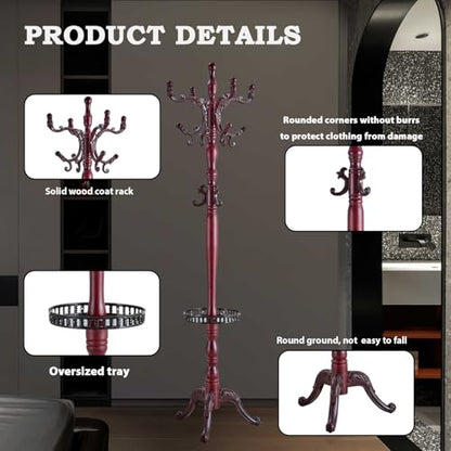 Coat Racks FreeStanding with 14 Hooks, Natural Wood Coat Rack with Solid Round Base, Adjustable Height Coat Racks, Easy Assembly for Hallway, Bedroom and Office (Reddish brown-Tray) - color: Reddish brown-Tray