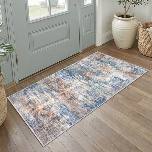 Abstract Runner Rug 2x4 Ft Entryway Rugs Washable Door Mat Indoor Entrance, Rubber Backed Entryway Runners, Printed Faux Wool Non Slip Floor Carpet for Foyer Front Door Sink, Blue Rust - color: Blue/Rust/White, size: 2' x 4' (Rectangular)
