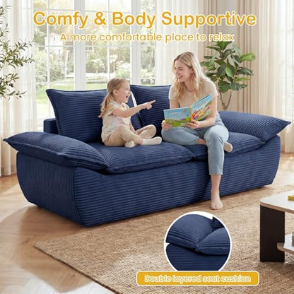 56" Boneless Loveseat, 2-Seater Boneless Sofa with Removable Cushions & 2 Pillows, Small Deep Seat Boneless Couch Compress Foam Sofa for Living Room, Apartments, & Office (Blue, Loveseat) - color: Blue, size: Loveseat（56")