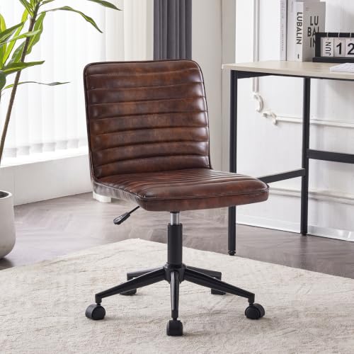 Furnimart Armless Swivel Rolling Desk Chair, Adjustable Faux Leather Vanity Chair with Gold Legs, Cute Task Chair with Wheels for Living Room Bedroom Studying Small Places(Dark Brown) - color: Dark Brown-faux Leather