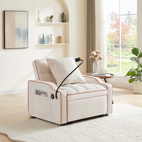 Eafurn Velvet Convertible Sleeper Chair Bed with USB Port & Phone Holder, 3-in-1 Pull Out Sofa Bed Chair, Multi-Functional Chair Bed with Adjustable Backrest & Side Pockets - color: Beige 33.85"
