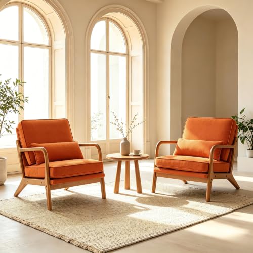 Karl home Mid-Century Modern Accent Reading Chair, Burnt Orange | Linen Upholstered, Solid Wood Frame, Soft Cushion, Lumbar Pillow, Lounge Armchair for Living Room, Bedroom, Balcony, Study - color: Linen Orange