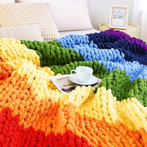 Rainbow Chunky Knit Throw Blanket 50"x60" Soft Knitted Throw Chenille Yarn Handmade Crochet Big Thick Blanket Rope Knot Blankets for Couch Sofa Bed Home Decoration