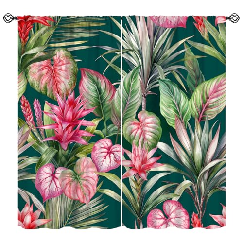 Tropical Palm Leaf Curtains, Pink Green Summer Monstera Leaves Jungle Plant Window Treatments Drapes for Bedroom Living Room Apartment 42" W X 45" L(No Blackout) - color: Flamingo-10, size: 20.5"W x 45"L (Pack of 2)