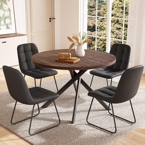 HIPIHOM 45.3 Inch Round Dining Table Set for 4, Mid Century Modern MDF Coffee Set for Dining Room Kitchen Apartment (Dark Walnut Table + 4 U-Shaped Black Chairs) - color: Walnut Table+4 Black Chairs U-shaped