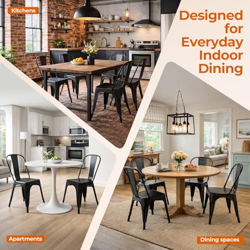 Metal Dining Chairs Set of 4,Midnight Black | Industrial Stackable Kitchen Cafe Bistro Patio Indoor-Outdoor Use - color: Midnight Black