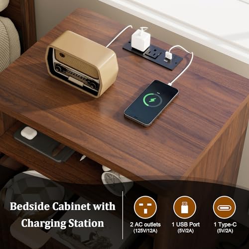 LYNCOHOME Fluted Nightstand with Charging Station, 19.7 inch Wide End Table with 2 Drawers, Modern Wood Bedside Table for Bedroom,Brown,1 Pcs - color: Walnut, size: 15"D x 19.7"W x 25.5"H（2 Drawers）
