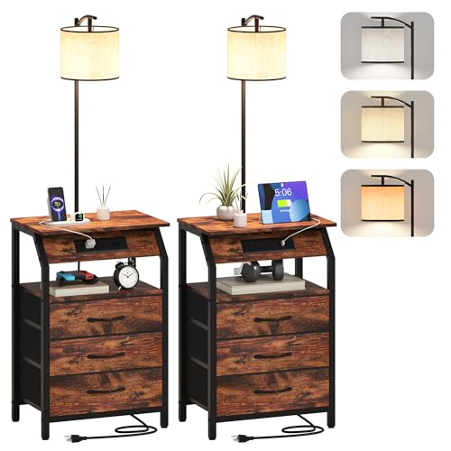 End Table with Floor Lamp Set of 2, Nightstand with Charging Station, Floor Lamp Table with 3-Color Temperature Bulb, Bedside Table Night Stand with 3 Drawers for Bedroom, Living Room, Retro - color: Retro 3 Drawers Set 2