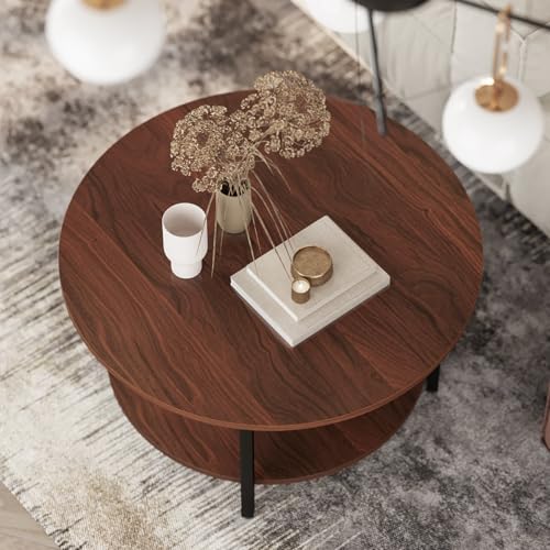 FABATO 26.77” Round Lift Top Coffee Table with Storage, Espresso | Farmhouse Coffee Table, 2 Tier Small Round Center Table, Center Table for Living Room, Circle Dining Table - color: Espresso