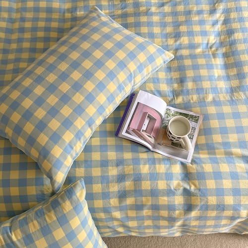 mixinni Plaid Duvet Cover Set Twin Yellow - Soft Washed Cotton Modern Geometric Bedding Set with 2 Pillowcases, Blue Green Gingham Grid Twin Duvet Cover for Men & Women, Soft & Lightweight - color: 04 - Yellow/Blue Plaid, size: Twin