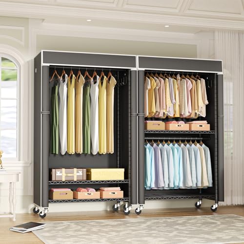 Black Clothing Rack with Dark Gray Cover, P1C Rolling Closets | Metal Garment Rack for Hanging Clothes, Clothing Storage Wardrobe, with Wheels - color: Black Rack With Dark Gray Cover