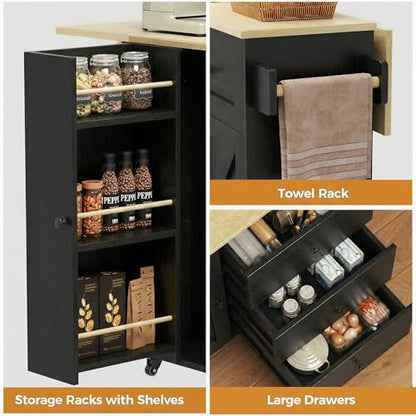 IRONCK Rolling Kitchen Island with Storage & Drop Leaf, 47.2" Kitchen Cart | with 3 Drawers, Spice Rack, Towel Rack, Storage Cabinet, Portable Mobile Island on Wheels, Black - color: Black