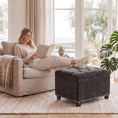 Storage Ottoman Bench, Rectangle 24" Velvet Foot Rest Stool Square Footstool for Living Room, Bedroom, Charcoal Grey - color: Charcoal Grey