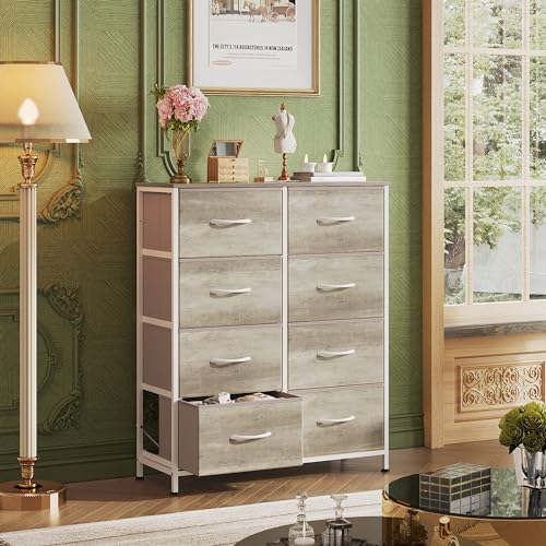 WLIVE Fabric Dresser for Bedroom, Tall Dresser with 8 Drawers, Storage Tower with Fabric Bins, Double Dressers, Chest of Drawers for Closet, Living Room, Hallway, Greige | Greige 8-drawer tall storage tower with fabric bins and wood tabletop, breathable n