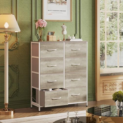 WLIVE Fabric Dresser for Bedroom, Tall Dresser with 8 Drawers, Storage Tower with Fabric Bins, Double Dressers, Chest of Drawers for Closet, Living Room, Hallway, Greige | Greige 8-drawer tall storage tower with fabric bins and wood tabletop, breathable n