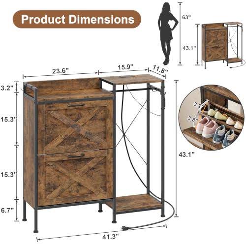 Shoe Cabinet with 2 Flip Drawers and Coat Rack, 41.3" W | Charging Station&LED Lights, 4 Side Hooks, Adjustable Shelves, Hidden Shoe Storage Cabinet, for Entryway, Hallway