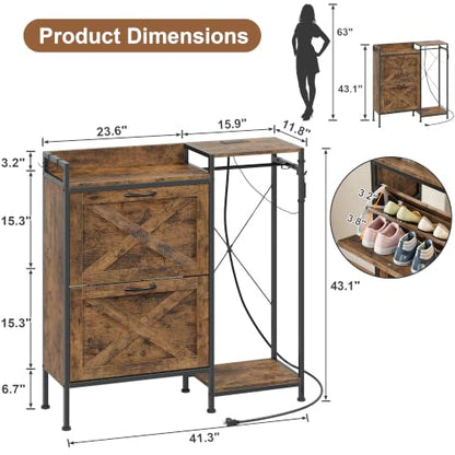 Shoe Cabinet with 2 Flip Drawers and Coat Rack, 41.3" W | Charging Station&LED Lights, 4 Side Hooks, Adjustable Shelves, Hidden Shoe Storage Cabinet, for Entryway, Hallway