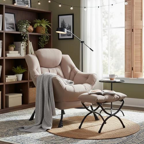 Welnow Lazy Chair with Ottoman, Reading Chair with Footrest，Khaki | A Side Pocket,Armrests,Foldable Footrest,Thick Cushioned Seat & Backrest, Lounge Chair for Bedroom,Living Room & Small Space - color: Khaki