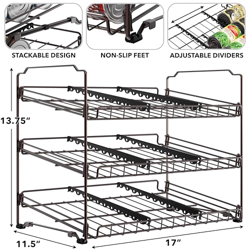 Simple Houseware 3-Tier Stackable Can Organizer Rack Hold 36 Cans, Bronze | Can Food Storage Dispenser for Pantry/Cabinet, Adjustable Dividers – 11.5" D x 17" W x 13.75" H - color: Bronze