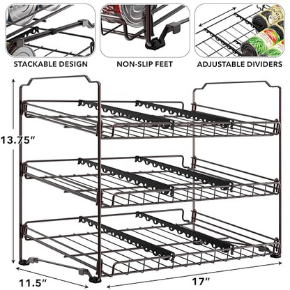 Simple Houseware 3-Tier Stackable Can Organizer Rack Hold 36 Cans, Bronze | Can Food Storage Dispenser for Pantry/Cabinet, Adjustable Dividers – 11.5" D x 17" W x 13.75" H - color: Bronze
