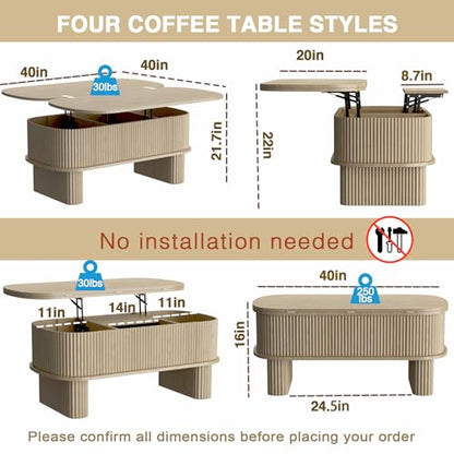 Lift Top Coffee Table with Large Storage,Lifting Converts to Dining Table,Oval Pop Up Coffee Table Fluted Wood Center Table for Living Room,Fully Assembled Space-Saving for Eating&Laptops - color: Oak Wood