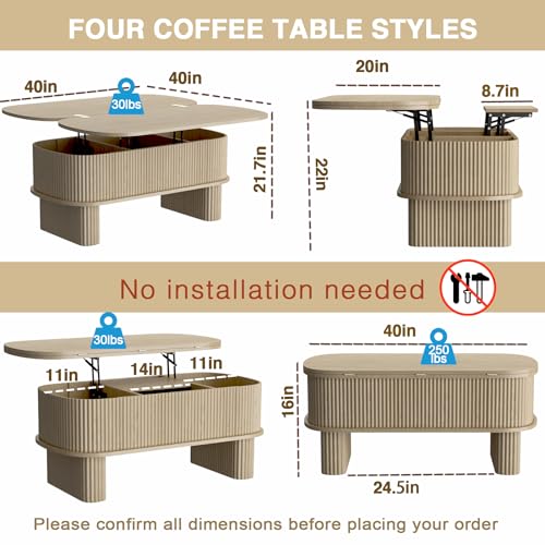 Lift Top Coffee Table with Large Storage,Lifting Converts to Dining Table,Oval Pop Up Coffee Table Fluted Wood Center Table for Living Room,Fully Assembled Space-Saving for Eating&Laptops - color: Oak Wood