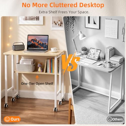 VECELO Folding Desk with Upgraded Wheels, 24.8 Inch Rolling Computer Table with Storage Shelf, Space Saving Sofa Table, Portable Mobile Workstation Small Spaces, Easy Assembly, Light Oak - color: Light Oak
