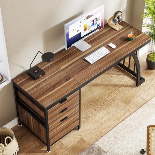 Tribesigns Computer Desk with 3 Drawers, 59-Inch PC Desk with Reversible Drawers, Industrial Study Writing Table Workstation with File Storage for Home Office, Walnut - color: Walnut