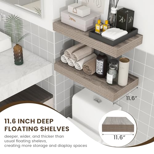 Deep Floating Shelves, 24'' x 12'' Grey Shelves for Wall Set of 2 | Invisible Brackets, Engineered Wood, Mounting Hardware Included, 40LBS, Bathroom, Laundry Room, Kitchen, Living Room - color: Grey, size: 24W x 11.6D x 2H, 2 Pack