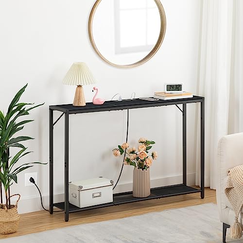 MAHANCRIS 43.7" Console Table with Outlet, Narrow Sofa Table with Shelf | 2 Tier Behind Couch Table, Charging Station, Steel Frame, for Entryway, Living Room, Foyer, Hallway, ofice, Black CTHB11E01N1 - color: Black