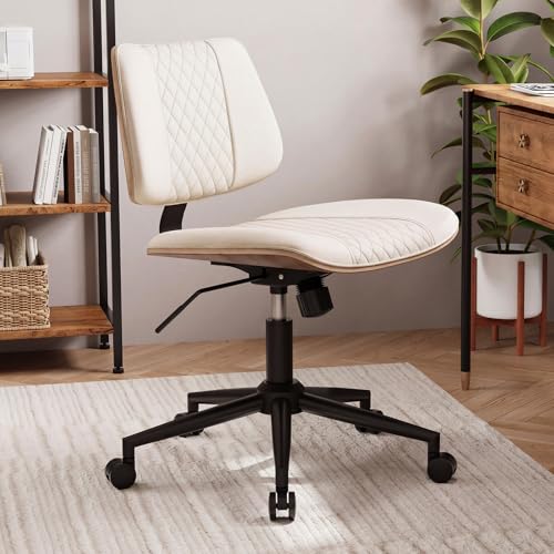 Modern Armless Office Chair with Wheels, Wide Seat Walnut, Beige | Adjustable Swivel Desk Chair with Mid Back & Tilt Function, Faux PU Leather Mid Century Modern Task Office Chair, 300LBS Cap - color: Beige, size: MCM Style Wide Seat