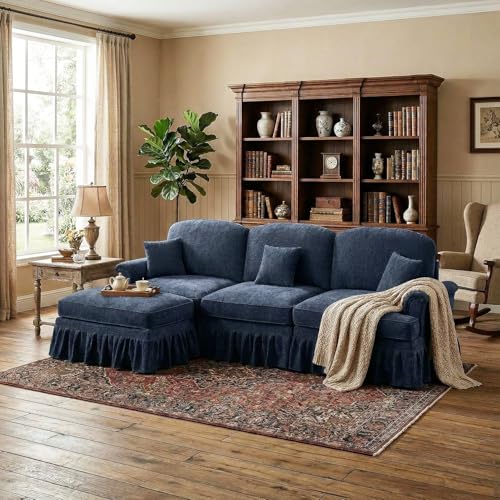 Modular Sectional Sofa Couch, Comfy Chenille Sofa with Removable Ruffled Skirt, Flared Armrests, Sturdy Legs, Convertible Sectional for Living Room, Bedroom, Apartment (Blue) - color: Blue, size: 107.1 Inch L